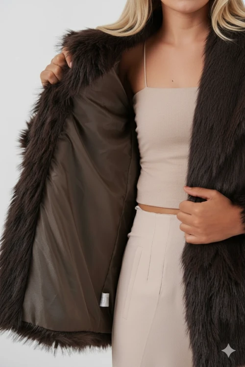 Kadın Kahverengi Kemer Detaylı Astarlı Peluş Kürk Mont HZL25W-BD191561