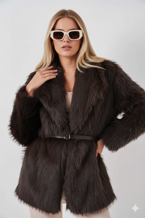 Kadın Kahverengi Kemer Detaylı Astarlı Peluş Kürk Mont HZL25W-BD191561