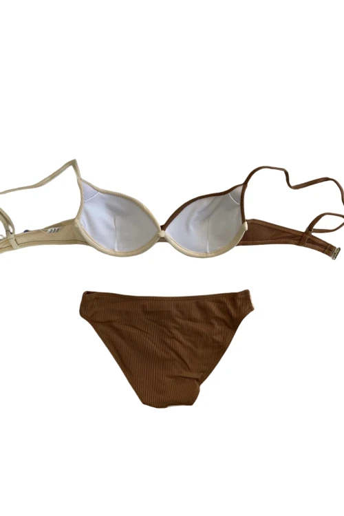 Kadın Kahverengi Krem Renk Bloklu Astarlı Bikini Takımı HZL25S-LC214