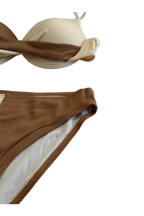 Kadın Kahverengi Krem Renk Bloklu Astarlı Bikini Takımı HZL25S-LC214