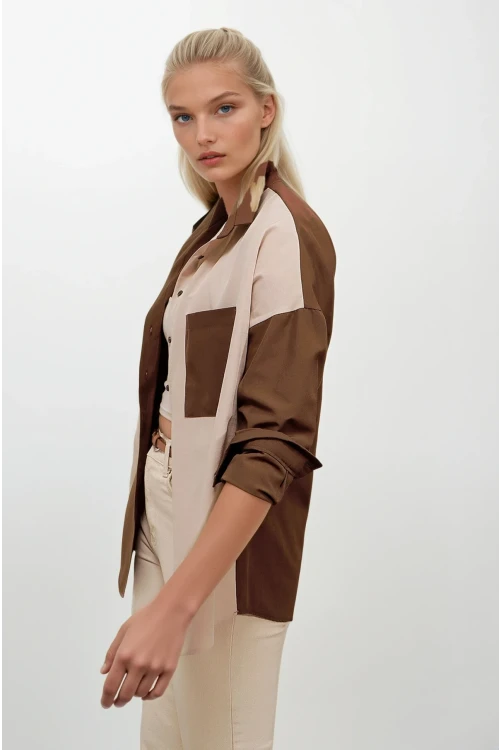 Kadın Kahverengi Krem Renk Bloklu  Poplin Basic Gömlek HZL22S-BD1201161