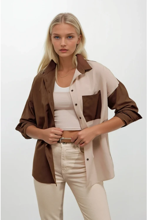 Kadın Kahverengi Krem Renk Bloklu  Poplin Basic Gömlek HZL22S-BD1201161