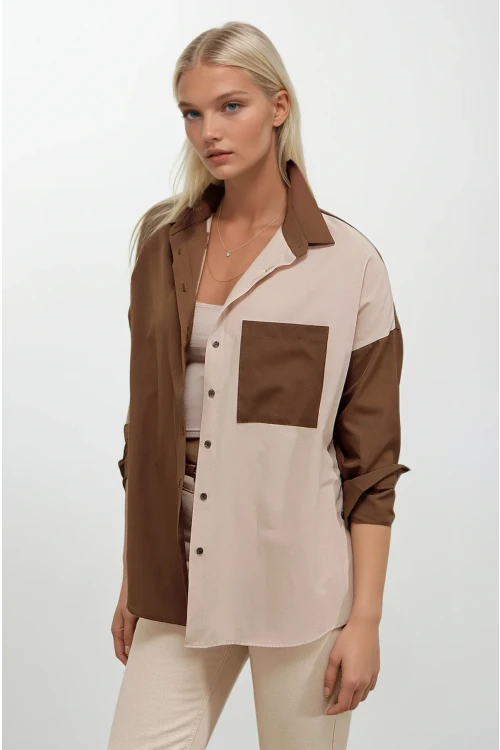 Kadın Kahverengi Krem Renk Bloklu  Poplin Basic Gömlek HZL22S-BD1201161