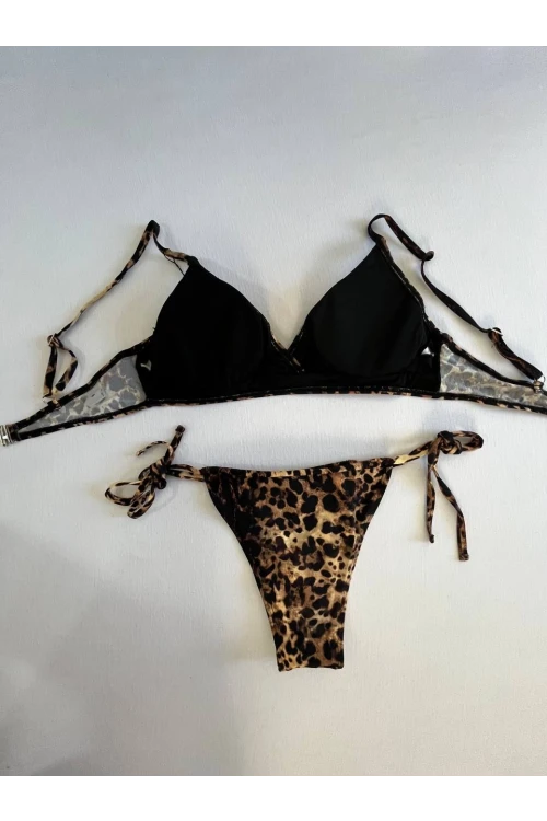 Kadın Kahverengi Leopar Desen Bikini Takımı HZL25S-LC3119