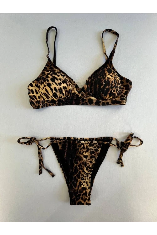 Kadın Kahverengi Leopar Desen Bikini Takımı HZL25S-LC3119