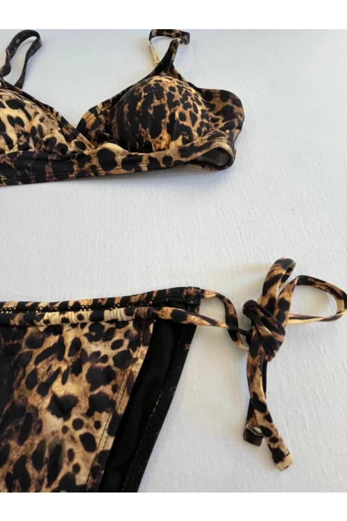Kadın Kahverengi Leopar Desen Bikini Takımı HZL25S-LC3119
