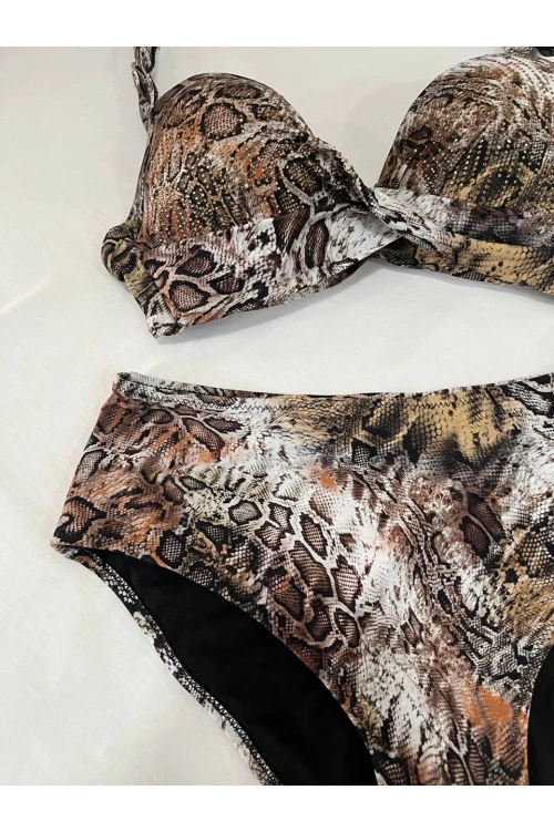 Kadın Kahverengi Leopar Desenli Astarlı Büyük Beden Bikini Takımı HZL25S-LC25006