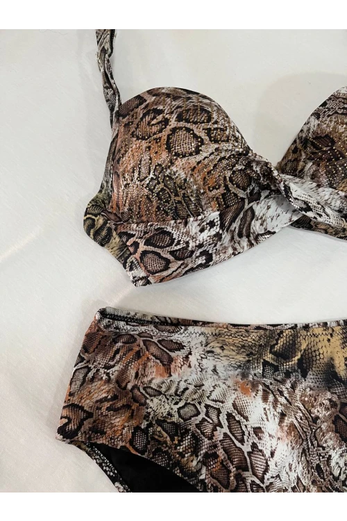Kadın Kahverengi Leopar Desenli Astarlı Büyük Beden Bikini Takımı HZL25S-LC25006