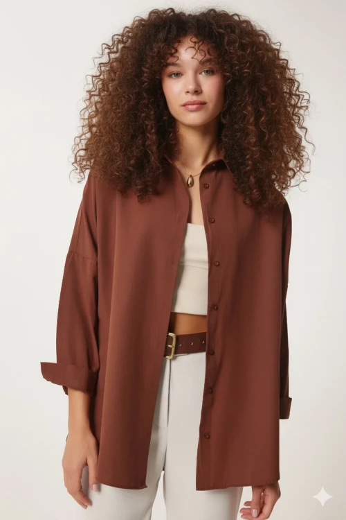 Kadın Kahverengi Oversize Uzun Basic Gömlek Hzl22w-bd139001