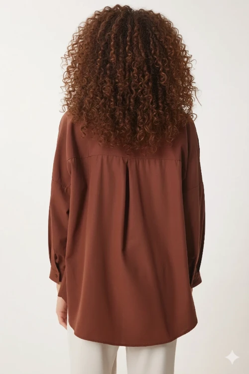 Kadın Kahverengi Oversize Uzun Basic Gömlek Hzl22w-bd139001