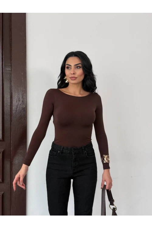 Kadın Kahverengi Sırtı Açık Fiyonk Bağlamalı Uzun Kol Bluz HZL25W-FRY123661