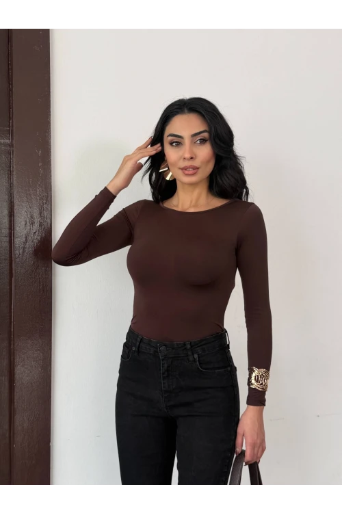 Kadın Kahverengi Sırtı Açık Fiyonk Bağlamalı Uzun Kol Bluz HZL25W-FRY123661