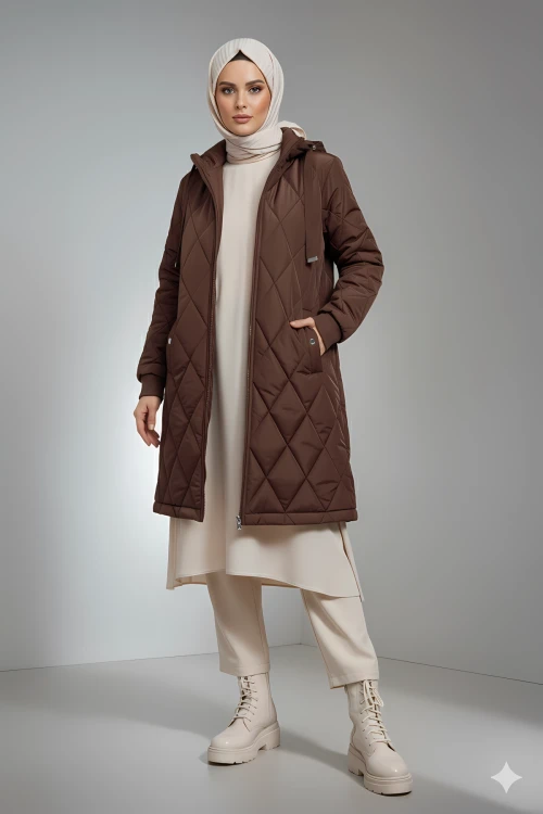 Kadın Kahverengi Uzun Kapitone Astarlı Şişme Tesettür Mont HZL25W-BD151381