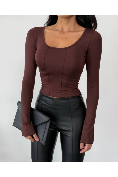 Kadın Kahverengi Uzun Kollu Arkası Bağlamalı Fit Kesim Crop Bluz HZL25W-FRY122771