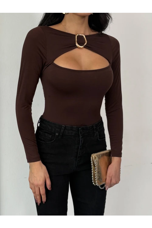 Kadın Kahverengi Uzun Kollu Göğüs Dekolteli Tokalı Bluz HZL25W-FRY123501