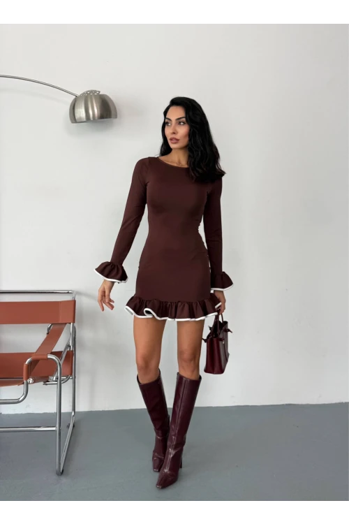 Kadın Kahverengi Uzun Kollu Volanlı ve Biyeli Dalgıç Kumaş Mini Elbise HZL25W-FRY123401