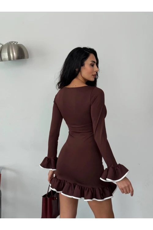 Kadın Kahverengi Uzun Kollu Volanlı ve Biyeli Dalgıç Kumaş Mini Elbise HZL25W-FRY123401