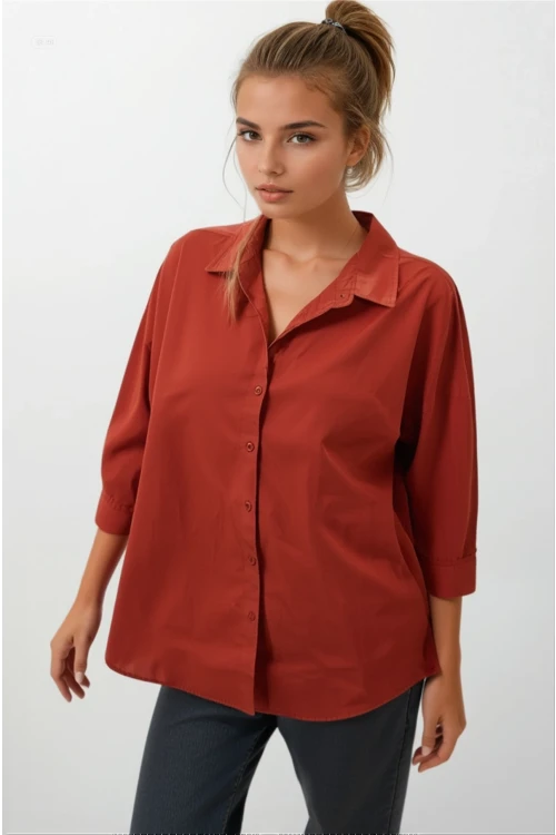 Kadın Kiremit Oversize Uzun Basic Gömlek HZL22W-BD139001
