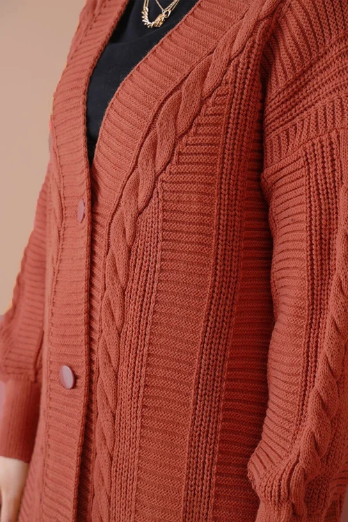 Kadın  Kiremit Saç Örgü Desen Uzun Düğmeli Rahat Kesim Triko Hırka HZL23W-BD1100691