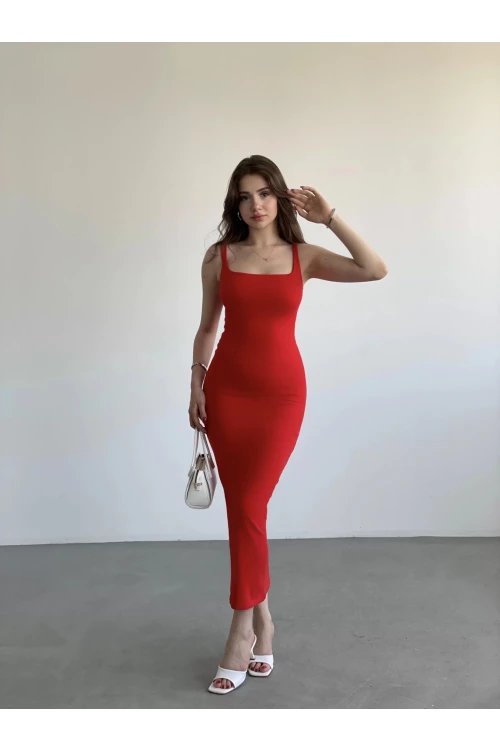 Kadın Kırmızı Askılı Kare Yaka Midi Elbise HZL25S-ZK11621