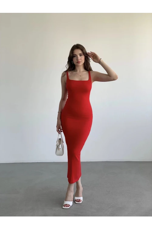 Kadın Kırmızı Askılı Kare Yaka Midi Elbise HZL25S-ZK11621