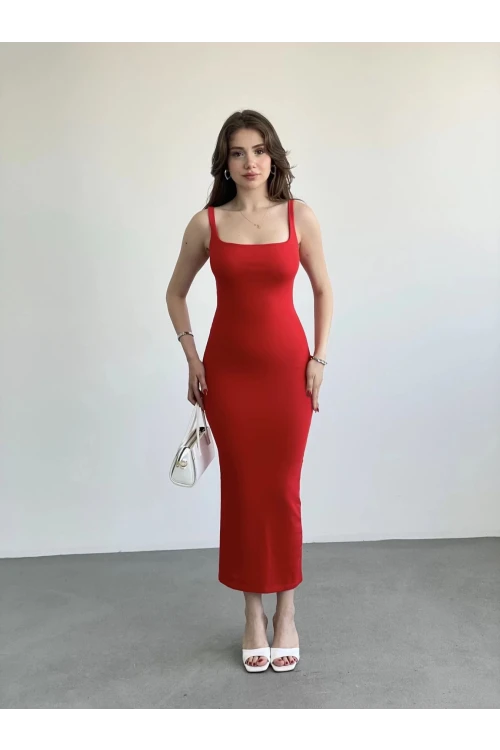 Kadın Kırmızı Askılı Kare Yaka Midi Elbise HZL25S-ZK11621