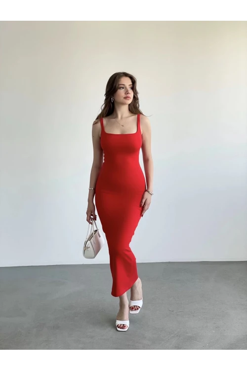 Kadın Kırmızı Askılı Kare Yaka Midi Elbise HZL25S-ZK11621