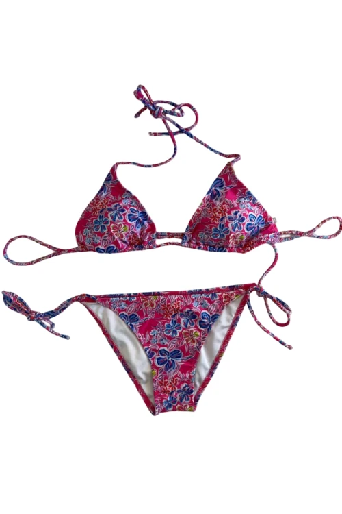 Kadın Pembe Çiçek Desenli Boyundan İp Bağlamalı Üçgen Bikini Takımı HZL25S-LC5005