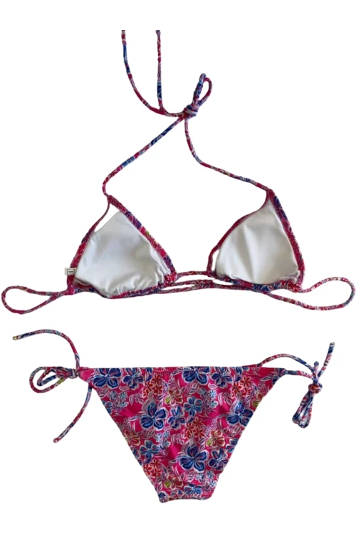 Kadın Pembe Çiçek Desenli Boyundan İp Bağlamalı Üçgen Bikini Takımı HZL25S-LC5005