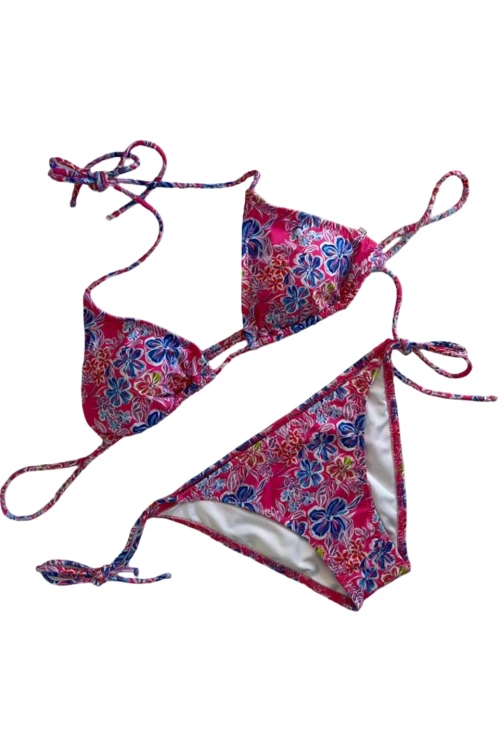 Kadın Pembe Çiçek Desenli Boyundan İp Bağlamalı Üçgen Bikini Takımı HZL25S-LC5005
