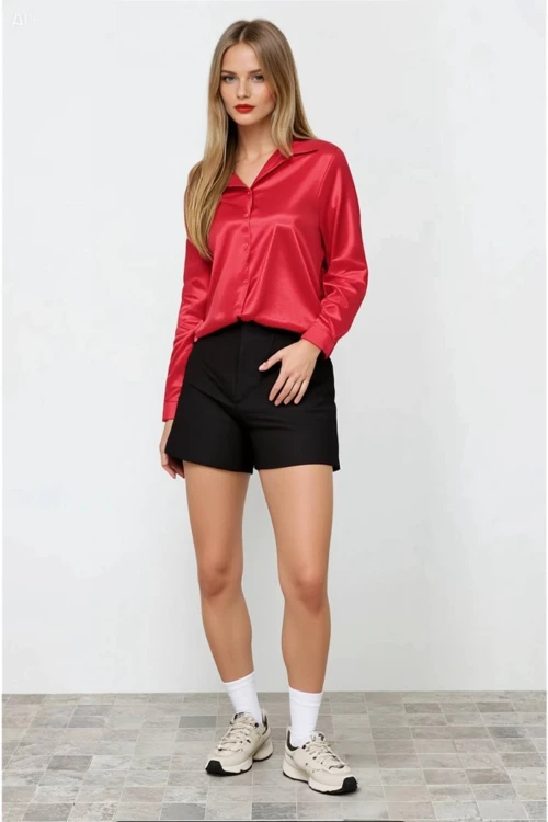 Kadın Kırmızı Hafif Dökümlü Saten Yüzeyli Gömlek HZL22W-BD139641