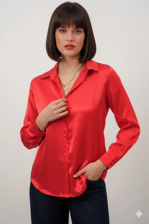 Kadın Kırmızı Hafif Dökümlü Saten Yüzeyli Gömlek HZL22W-BD139641