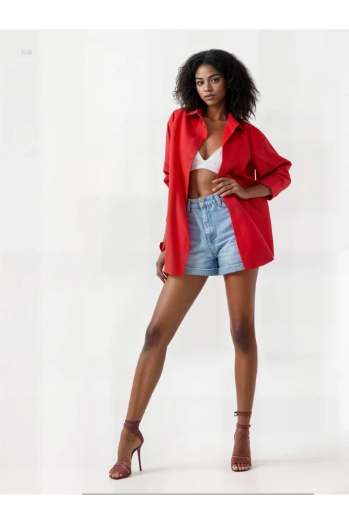 Kadın Kırmızı Oversize Uzun Basic Gömlek  HZL22W-BD139001