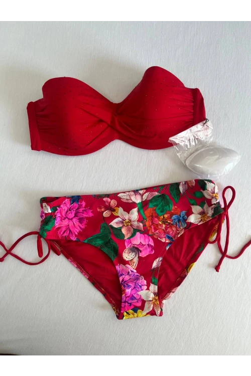 Kadın Kırmızı Taş İşlemeli Çiçek Desenli Bikini Takım HZL25S-LC3368