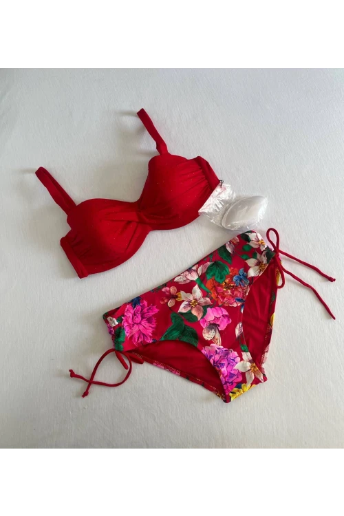 Kadın Kırmızı Taş İşlemeli Çiçek Desenli Bikini Takım HZL25S-LC3368