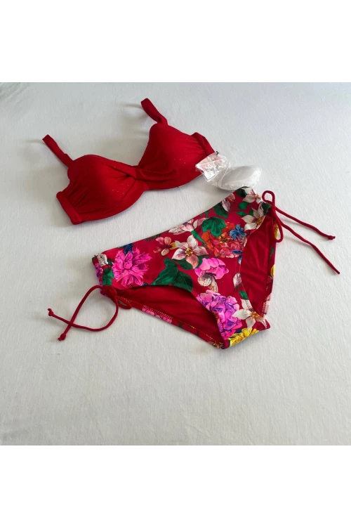 Kadın Kırmızı Taş İşlemeli Çiçek Desenli Bikini Takım HZL25S-LC3368