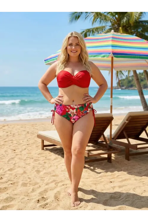 Kadın Kırmızı Taş İşlemeli Çiçek Desenli Büyük Beden Bikini Takım HZL25S-LC3368
