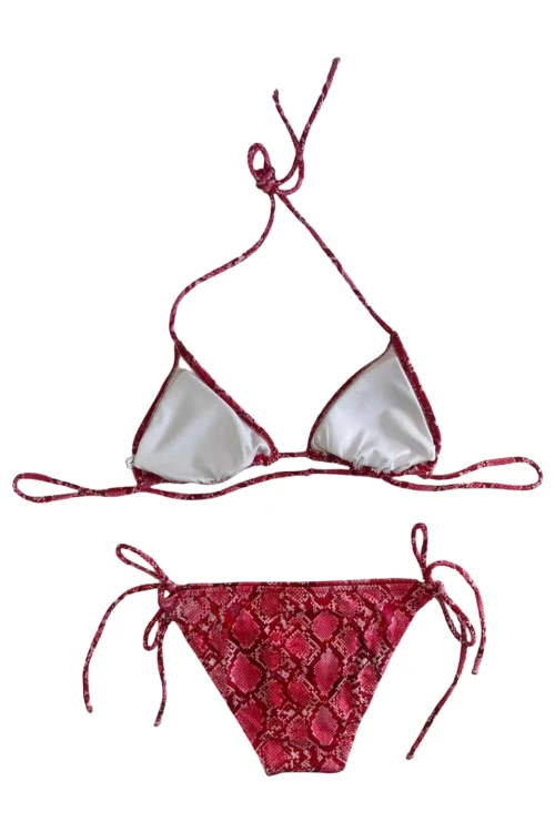 Kadın Kırmızı Yılan Derisi Desen Boyundan İp Bağlamalı Üçgen Bikini Takımı HZL25S-LC5005