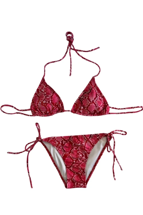 Kadın Kırmızı Yılan Derisi Desen Boyundan İp Bağlamalı Üçgen Bikini Takımı HZL25S-LC5005