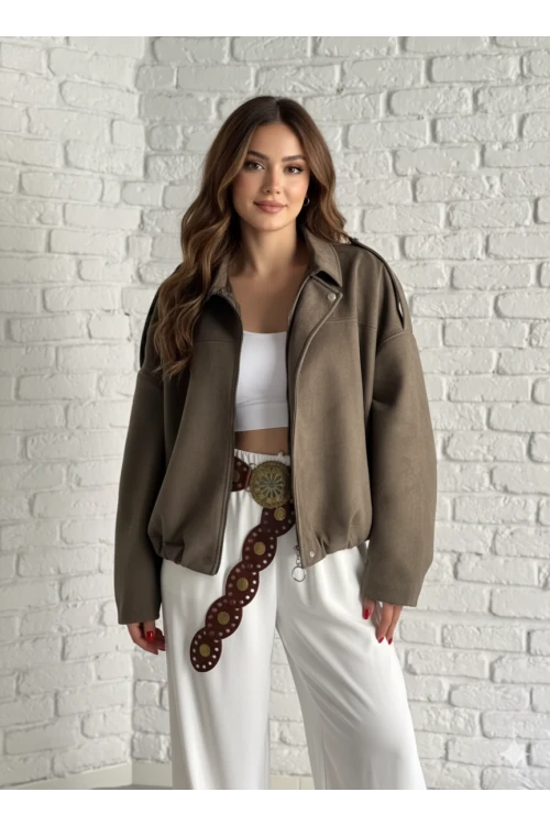 Kadın Koyu Bej Oversize Fermuar ve Çıt Çıt Kapamalı Cepsiz Süet Deri Ceket HZL25W-BD107301