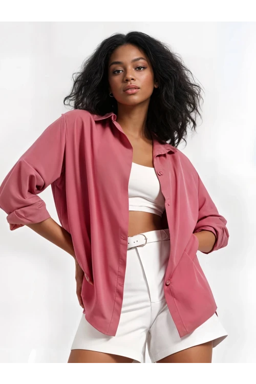 Kadın Koyu Gül Kurusu Oversize Uzun Basic Gömlek HZL22W-BD139001