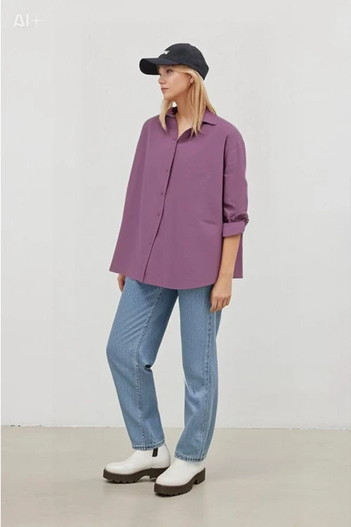 Kadın Koyu Lila Oversize Uzun Basic Gömlek HZL22W-BD139001