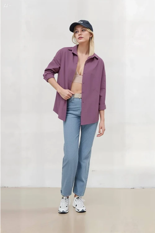 Kadın Koyu Lila Oversize Uzun Basic Gömlek HZL22W-BD139001