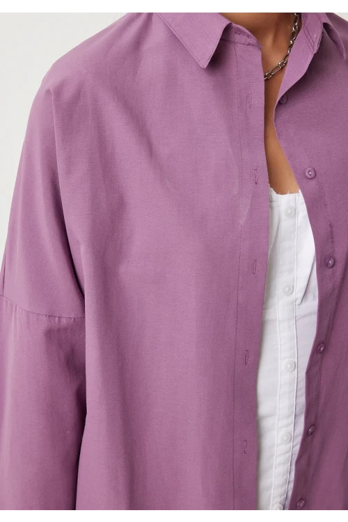 Kadın Koyu Lila Oversize Uzun Basic Gömlek HZL22W-BD139001