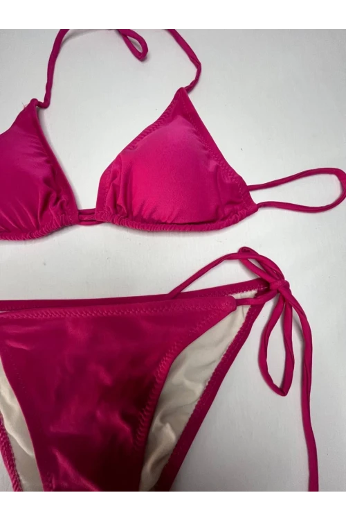 Kadın Koyu Pembe Boyundan İp Bağlamalı Üçgen Bikini Takımı HZL25S-LC5005