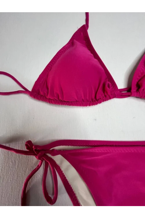 Kadın Koyu Pembe Boyundan İp Bağlamalı Üçgen Bikini Takımı HZL25S-LC5005