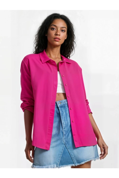 Kadın Koyu Pembe Oversize Uzun Basic Gömlek HZL22W-BD139001