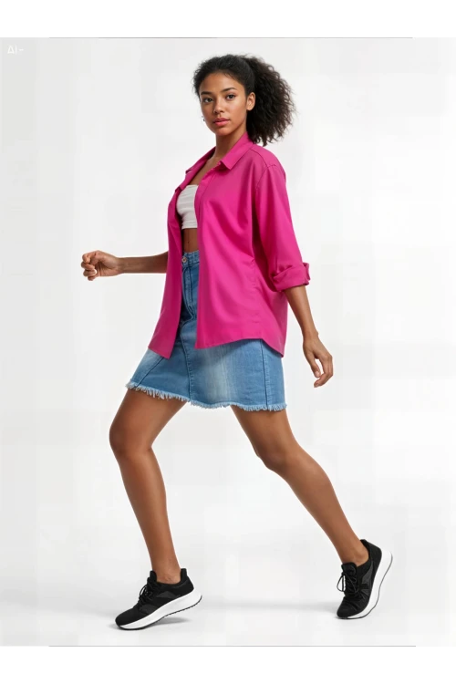 Kadın Koyu Pembe Oversize Uzun Basic Gömlek HZL22W-BD139001