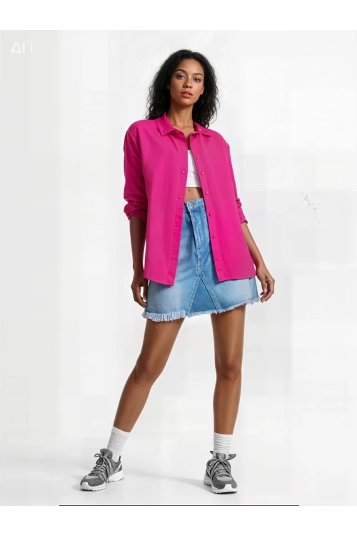 Kadın Koyu Pembe Oversize Uzun Basic Gömlek HZL22W-BD139001