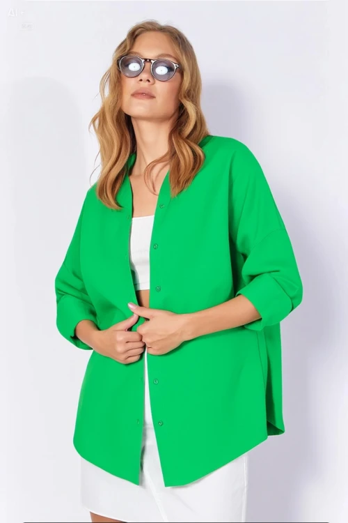 Kadın Koyu Yeşil Oversize Uzun Basic Gömlek  HZL22W-BD139001